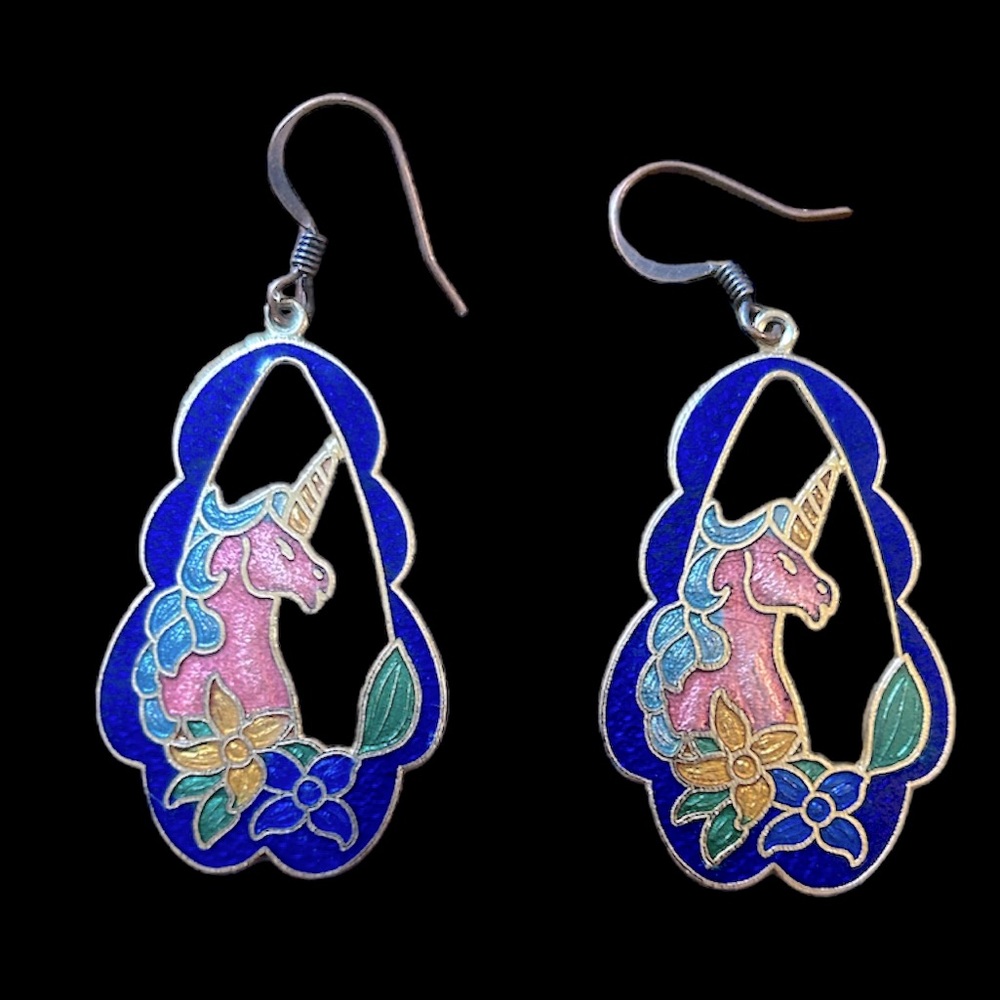 Cloisonné Unicorn Earrings/Vintage Dangle Earrings/ NEW EAR WIRES